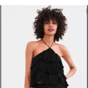 Zara Black Ruffled Tiered Halter Top Size XS